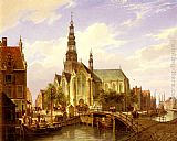 Amsterdam Paintings - A Capriccio View Of Amsterdam by Cornelis Christiaan Dommelshuizen